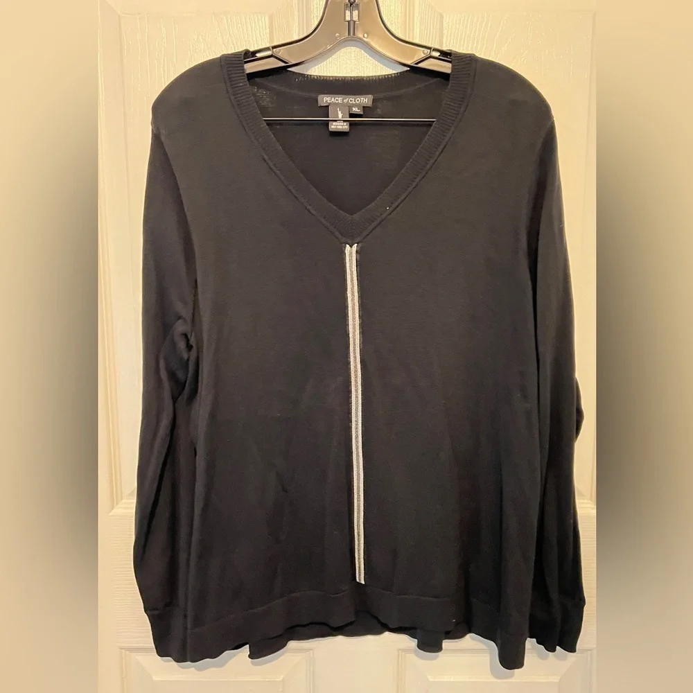 PEACE OF CLOTH Women’s Black Ruched Sleeve White Trim V-Neck Sweater Size XL - Picture 1 of 5